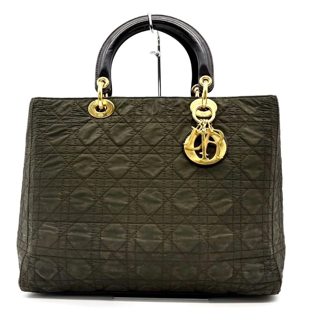Sac à main Christian Dior Lady Dior cannage nylon marron or femme