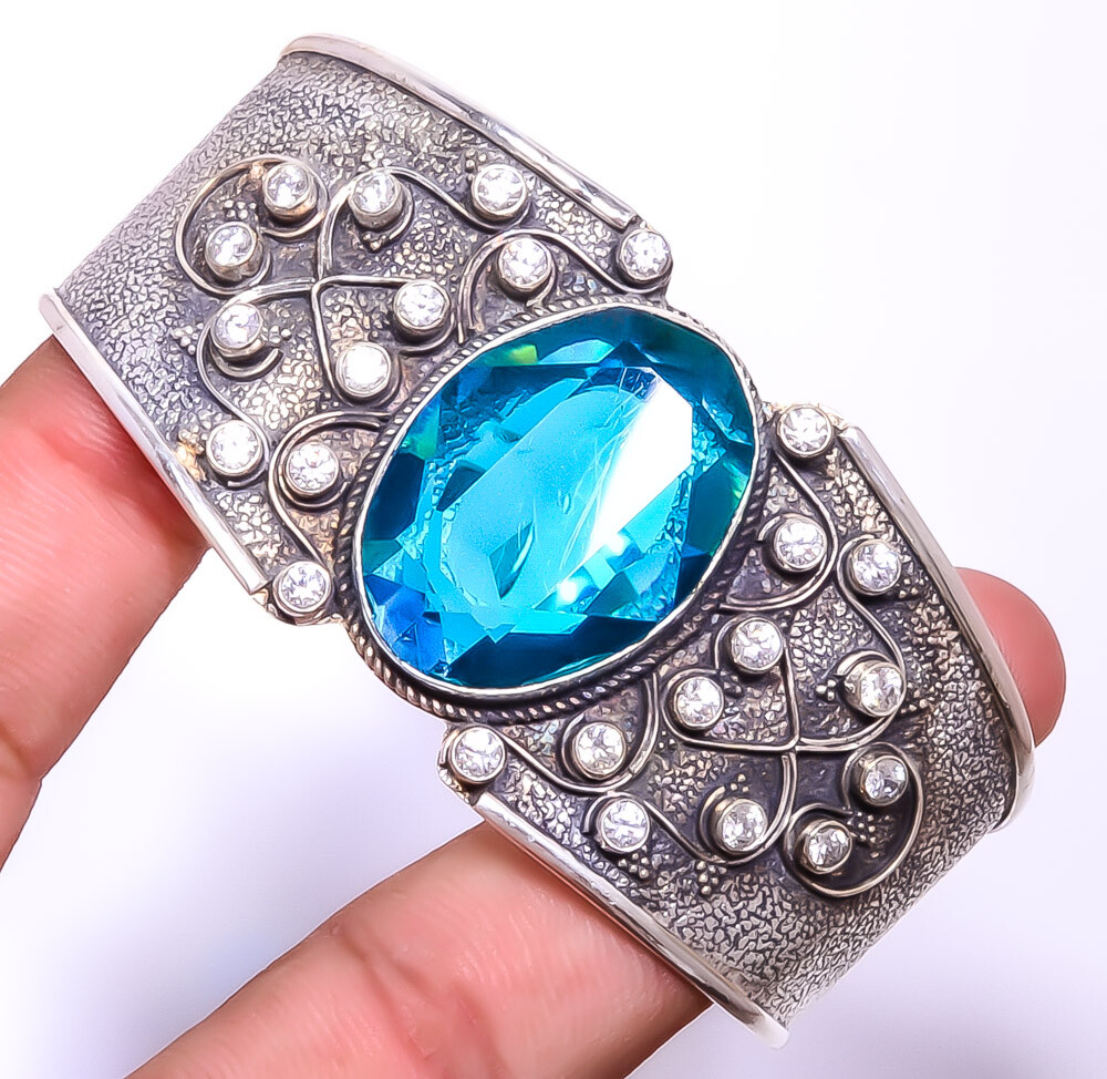 Blue Sapphire,White Topaz (Simulated) 925 Sterling Silver Cuff Adst. T939 A329
