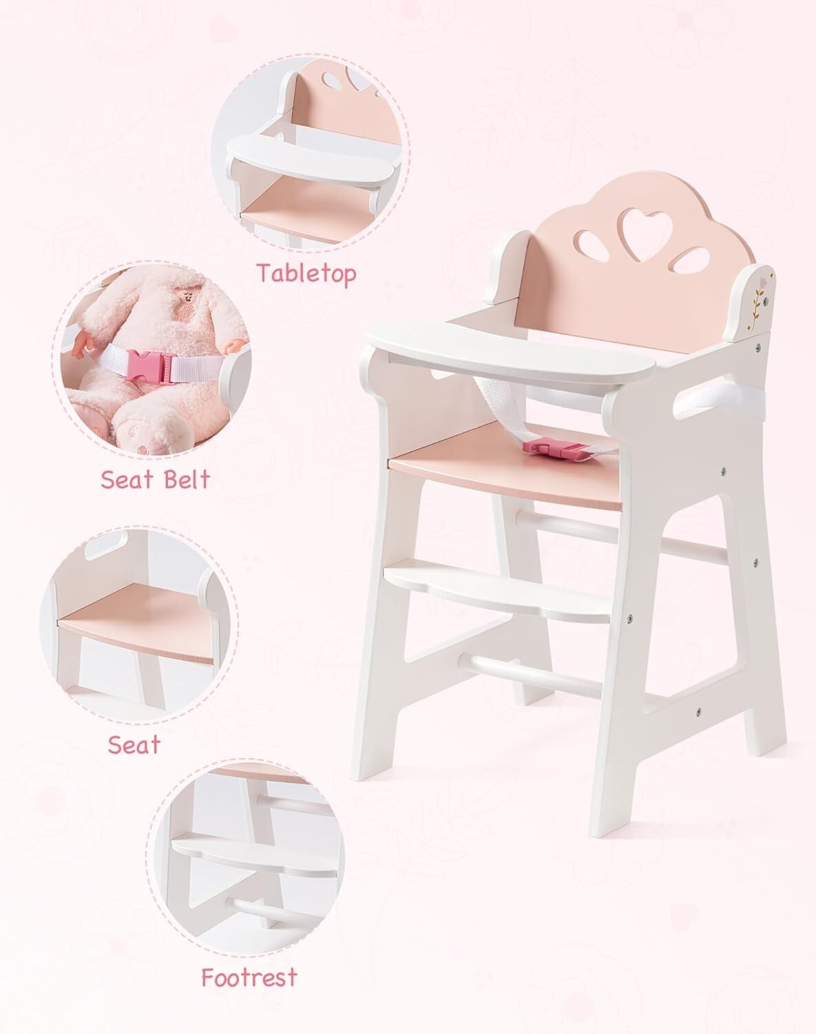 Robud High Chair for Pretend Play Wooden Baby Doll Furniture with Safety Belt