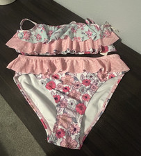Wallflower Girls Pink Polka dots Floral Ruffle Swimsuit Bikini Set Size 12