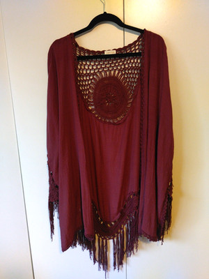 Women s Fringed Crochet Details Boho Open Front Duster Size 1x/2x Flowy Elegant