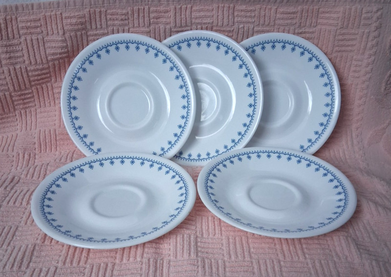 Set Of 5 Corelle Snowflake Blue Saucer