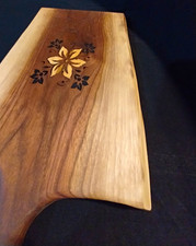 Wood Live Edge Walnut Cutting Board w/ Handle, Floral Inlay, Brown/Beige