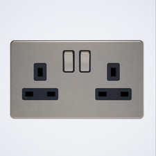 double screwless plug socket in brushed steel with black inserts