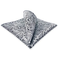 SHLAXWING Pocket Square for Men Silver Black Paisley Silk Hanky