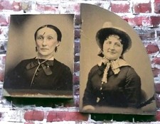 Civil War Era Women scarf ties and hat 1800s 2 Small Photos TinType Antique
