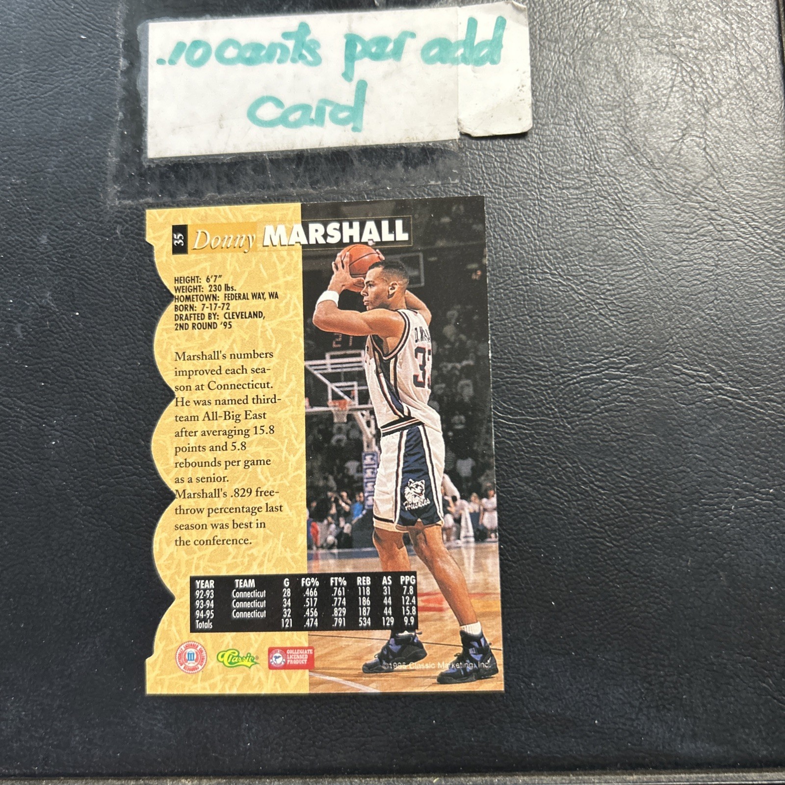 C55b 1995 5 five Sport Classic Die Cut  #35 Donnie Marshall Connecticut Donny