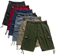 Men's Solid Belted Cargo Shorts Size 30-38 Multi Colors Button 6 Pockets