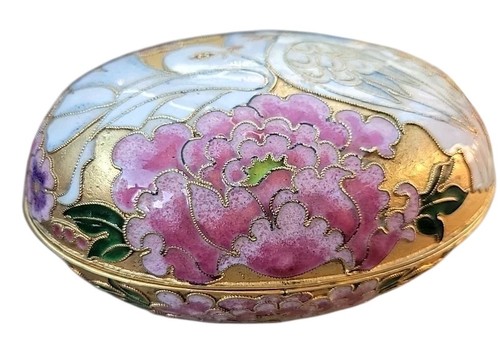 Vtg Love Birds Floral Oval Shaped Enamel Cloisonne Trinket Box - Picture 3 of 6