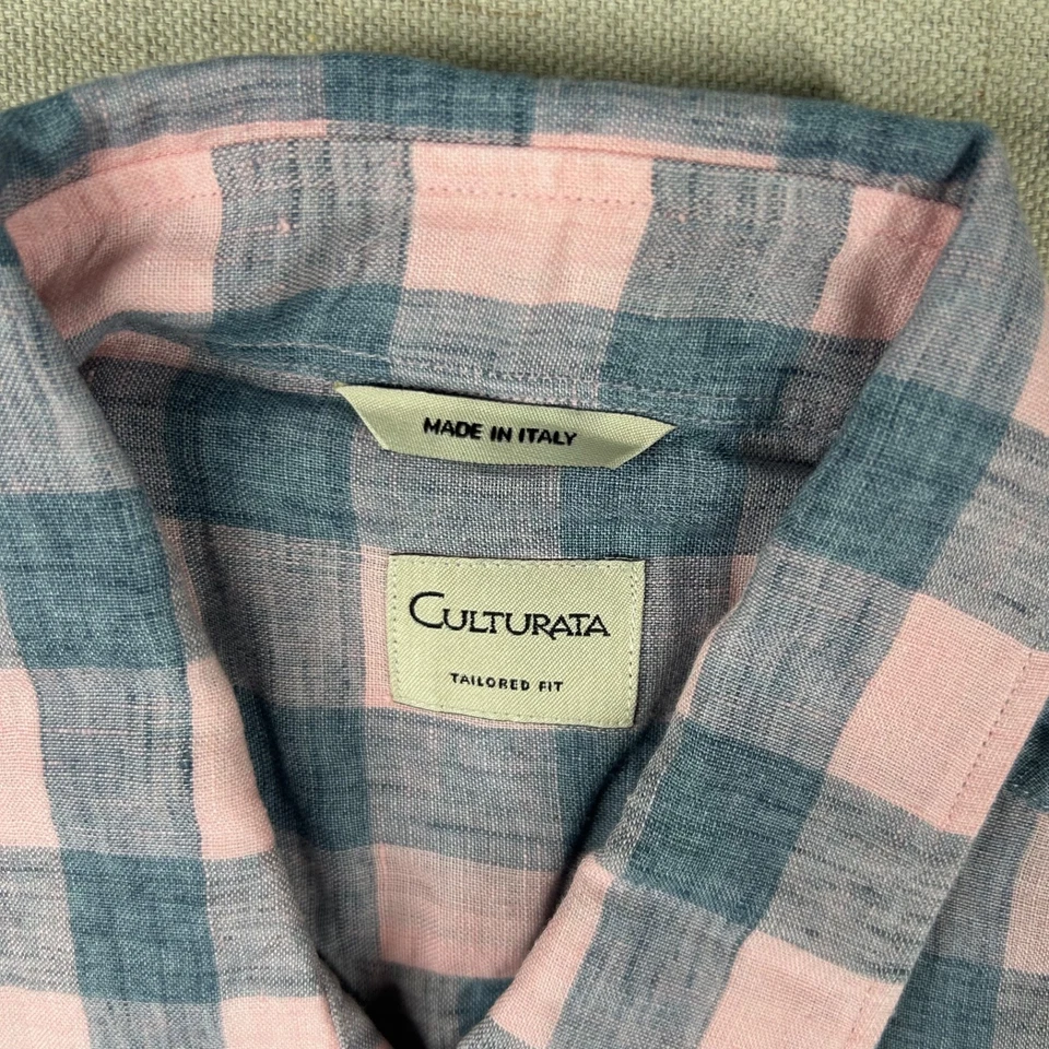Рубашка мужская Culturatta L 16 1/2 100% льняная клетчатая Италия на пуговицах опрятная - Изображение 3 из 4