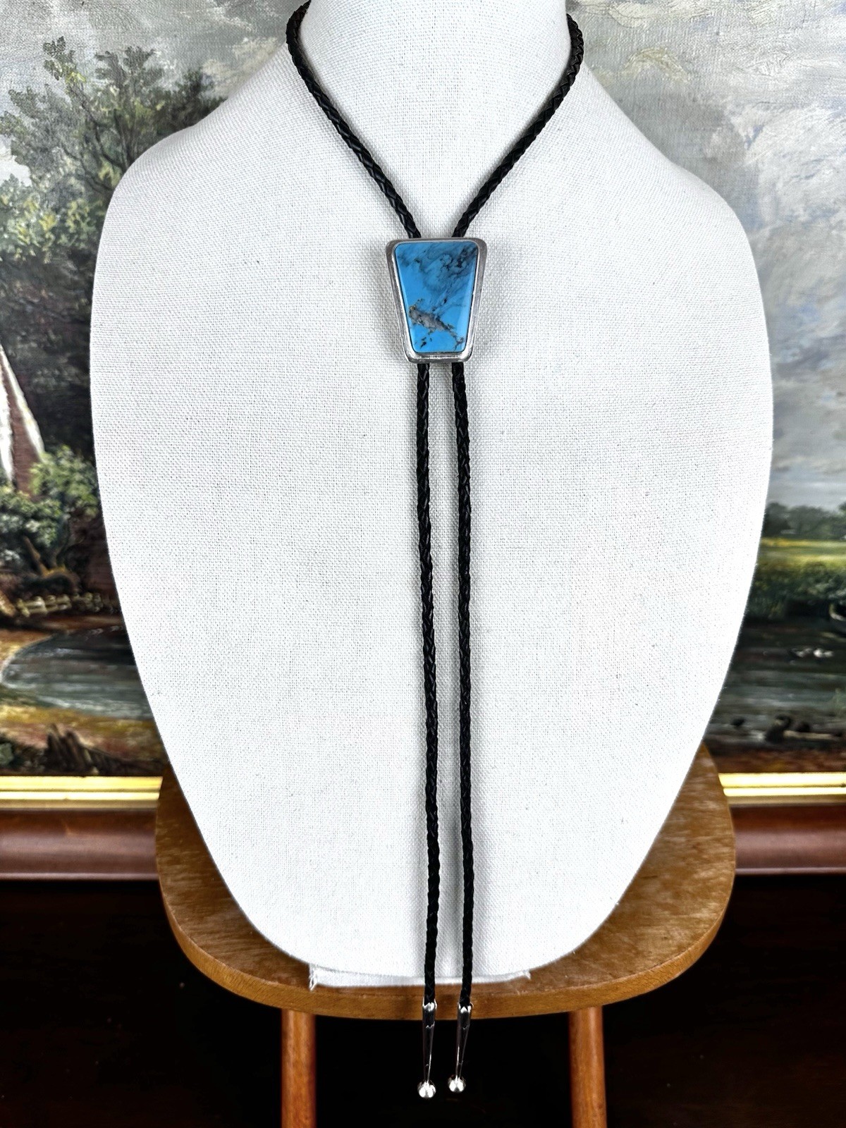 Tremendous Vintage Turquoise Stone Sterling Silver Western Bolo Tie
