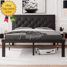 Full Size Metal Bed Frame with Faux Leather Button Tufted Headboard