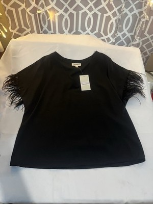 Ee:Some Women Size Medium Black Blouse Feather Sleeve Lightweight Shirt