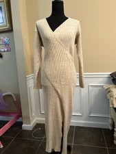 ASOS DESIGN knit midi dress with slit in oatmeal