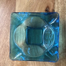 VINTAGE SQUARE CLEAR BLUE GLASS ASHTRAY 3.5”