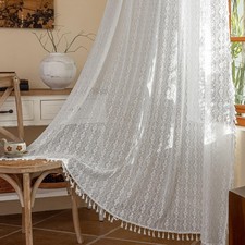 Boho Curtains White Lace Crochet Light-Filtering Semi Sheer Tassels Rod Pocke...