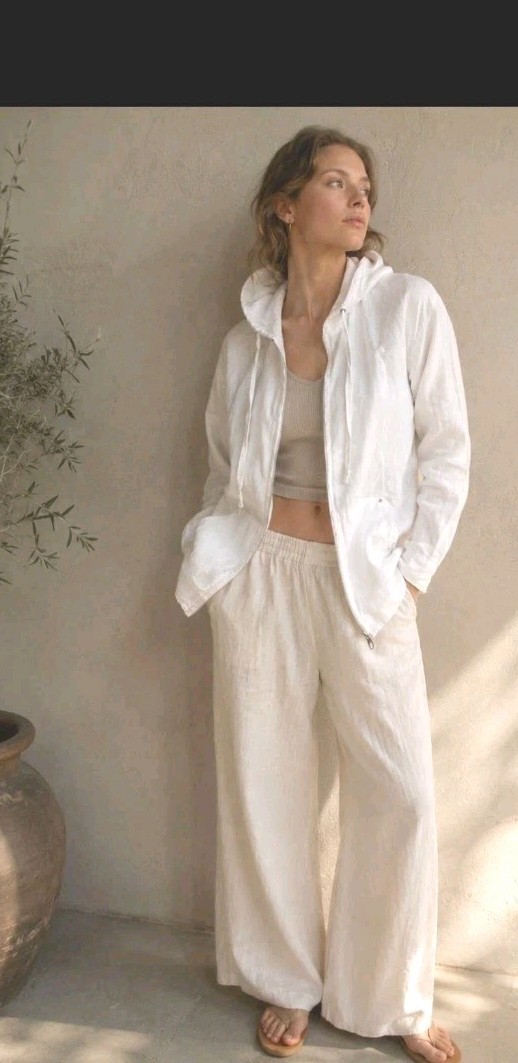 Willi Smith White Linen Hoodeed Windbracker Summer Vacay Jacket Pockets Women M