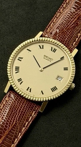 Vtg 1978 SEIKO Men's 34mm Quartz Watch Date Gold Teju Lizard Roman Numerals 7j
