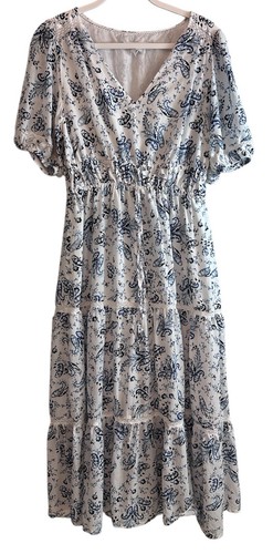 Lucky Brand Women's M White Blue Paisley Crochet Lace Linen Blend Top