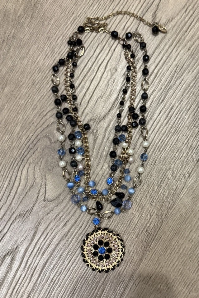 Graziano Gold Tone Multi Strand Blue Black Beaded Statement Necklace - Image 3 of 4