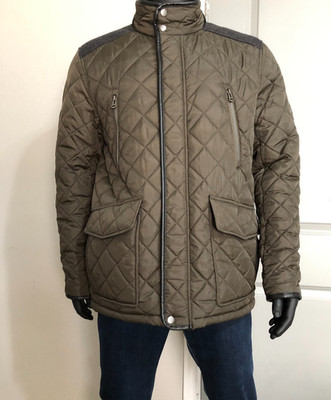 Cole Haan Quilted Jacket Men L Dark Olive Wool Blend Panels Elbow Patches Coat.