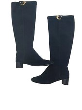 Ann Taylor Loft Size 6 Black Suede Boot Tall Slim Leather  Low Chunky Heel