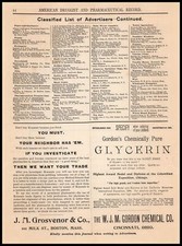Anuncio impreso vintage de glicerina pura 1896 W. J. M. Gordon Chemical Co. Cincinnati Ohio