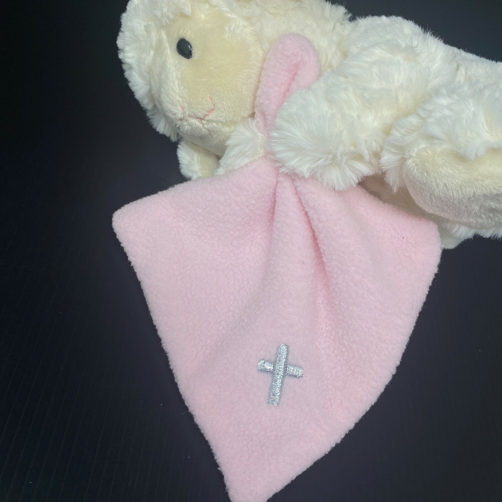 Demdaco White Lamb Plush Holding Pink Cross Security Blanket Jesus