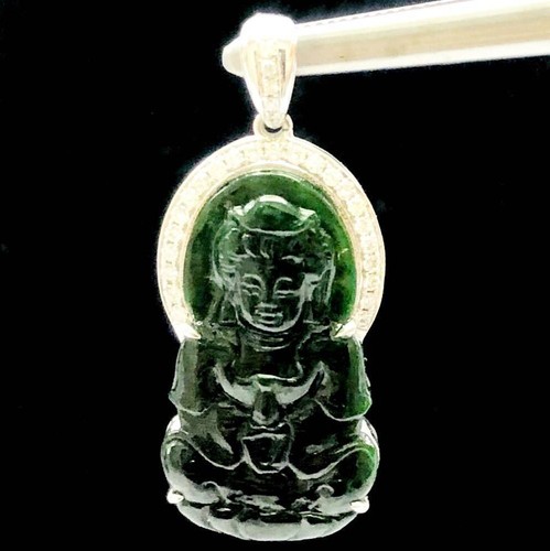 Vintage China Kwan Yin Buddha Jade Pendant Diamond White Gold Carved Amulet Gift - 第 3/8 張圖片