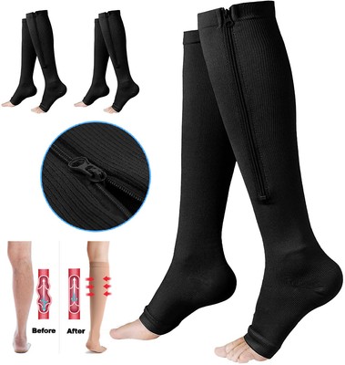 Zip Up Compression Socks Unisex High Leg Travel Sports Running Open Toe Stocking