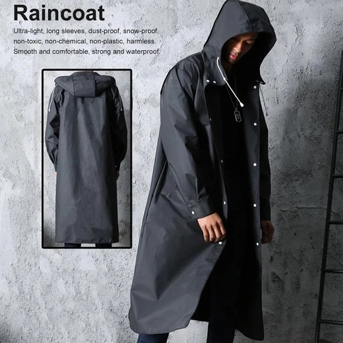 Black Men Waterproof Long Raincoat Rain Coat Hooded Trench Jacket Outdoor Hiking