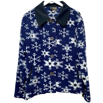 David Paul Fleece Jacket XL Womens Blue Snowflake Holiday Christmas Shacket Top