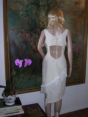 NEW Open Back SPORTMAX Italy MAX MARA Ivory Lace Up Cotton DRESS Pleated Ruffles
