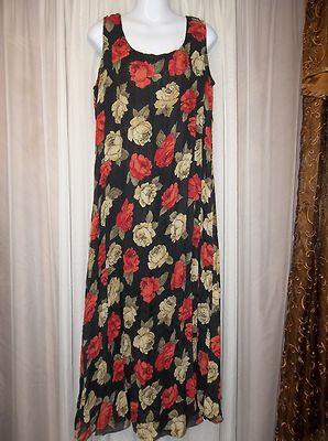 PRETTY Black with RED ROSES Long DOUBLE CHIFFON Dress Women's Size LARGE |  eBay