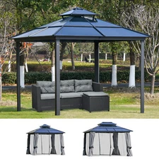 Outdoor Outdoor Hardtop Gazebo w/ Aluminum Frame, Netting & Curtains