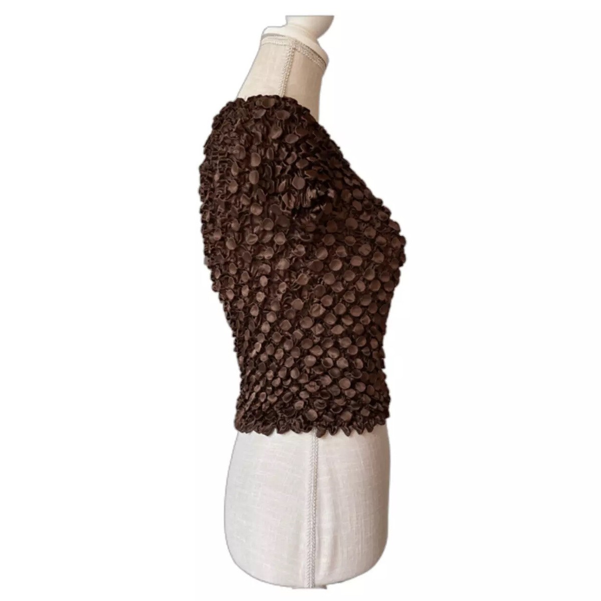 Vintage 3D Textured Brown Popcorn Plisse Stretch Shirt Top