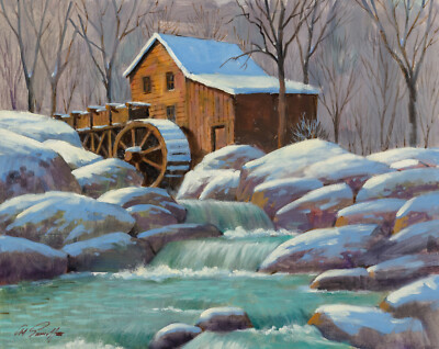 Arthur Sarnoff - Grist Mill Water Wheel Winter 1940s Signed - 17''x22'' Art Print