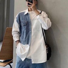 Men Splice Patchwork Shirts Tops Blouse Denim Jean Long Sleeve Loose Casual