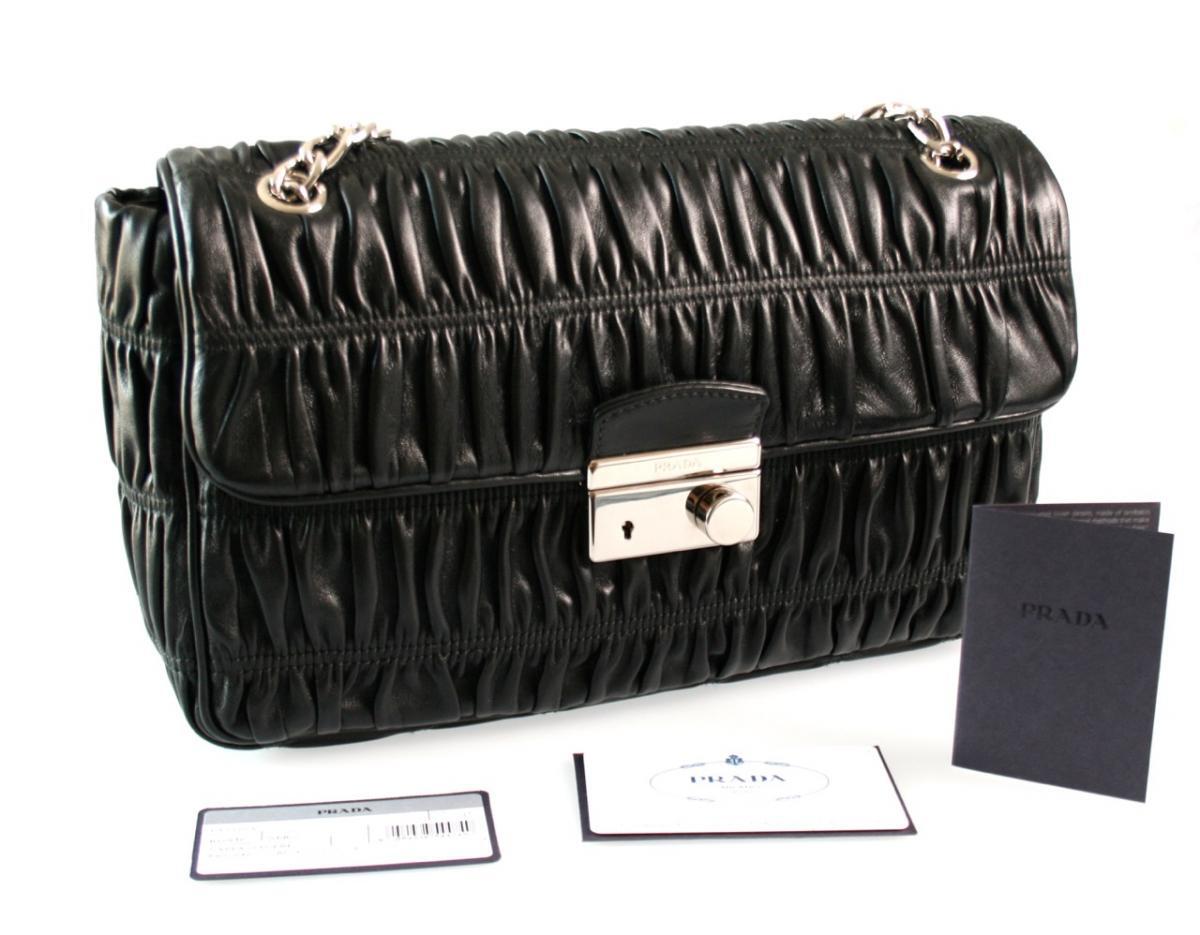 PRADA Leather Gaufre Shoulder Bag / Handbag Chain - Black
