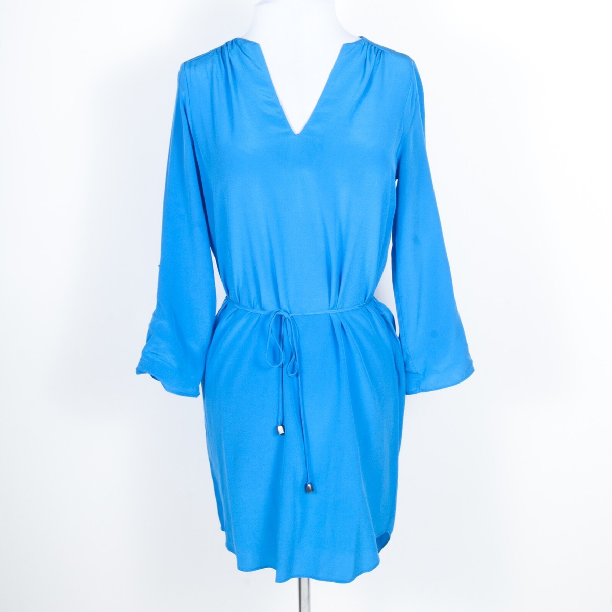 joie blue silk dress V-neck 100% w Tie Pullover Knee Length 3/4 Sleeve XS tie at waist Hi filter_category|ROBE CAFTAN Ruched A-Line Micro Mini Color:ANTIQUE WHITE