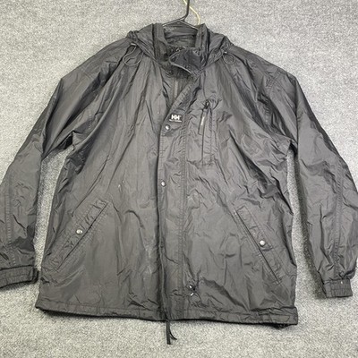 Helly Hansen Jacket Mens Large Black Packable Hooded Rain Windbreaker Shell