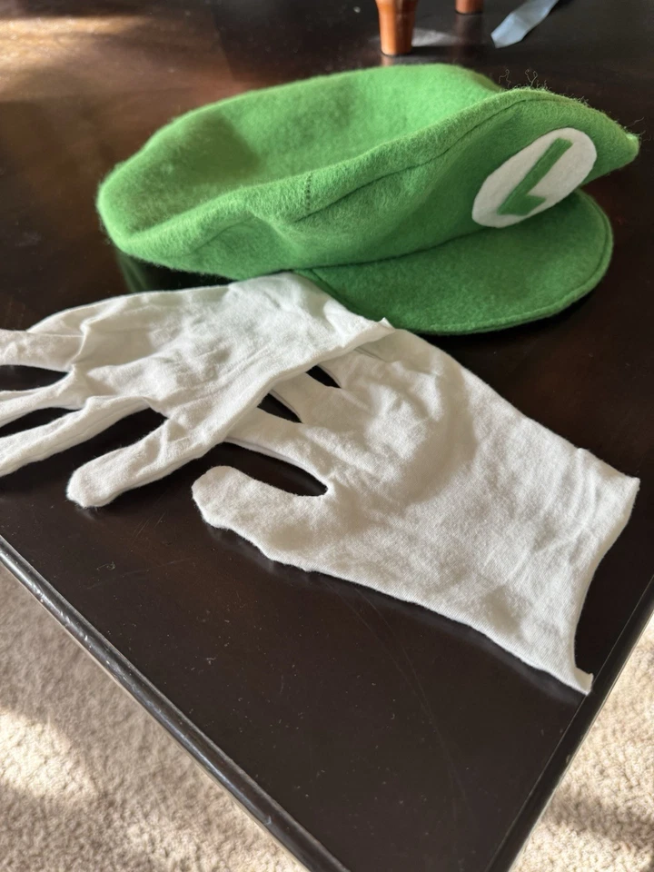 Disfraz Helloween Mario Luigi Gorra Y Guantes Blancos 10-16 Años Todas las Edades Hecho a Mano Foto 2 de 2
