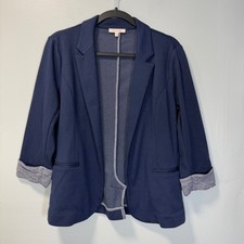 Skies Are Blue Womens Navy Ribbed Knit Blazer Jacket 3/4 Sleeve Blue Size M