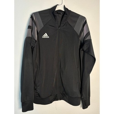 Adidas Mens Full Zip Track Jacket Black Grey Striped Soccer Training Large