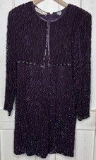 VTG Scala 80-90 s Purple Hand Beaded Sequin Long Sleeve Cocktail Formal Dress PL