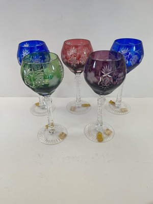 Set of 5 Imperlux Cut to Clear Wine Hock Glasses Cobalt Red Green Original Label