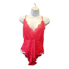 New Even Red Stretch Lace Criss Cross Back Sheer Teddy Lingerie Bodysuit Size L