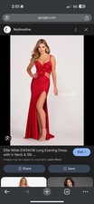 Ellie Wilde EW34018 Red Satin Evening Gown V-Neck Bow Sequin Slit
