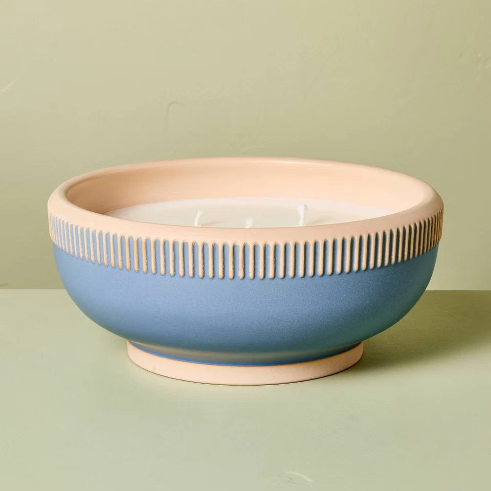 4-Wick Rim Stripe Ceramic Sun and Citron Ceramic Jar Candle Blue 45oz