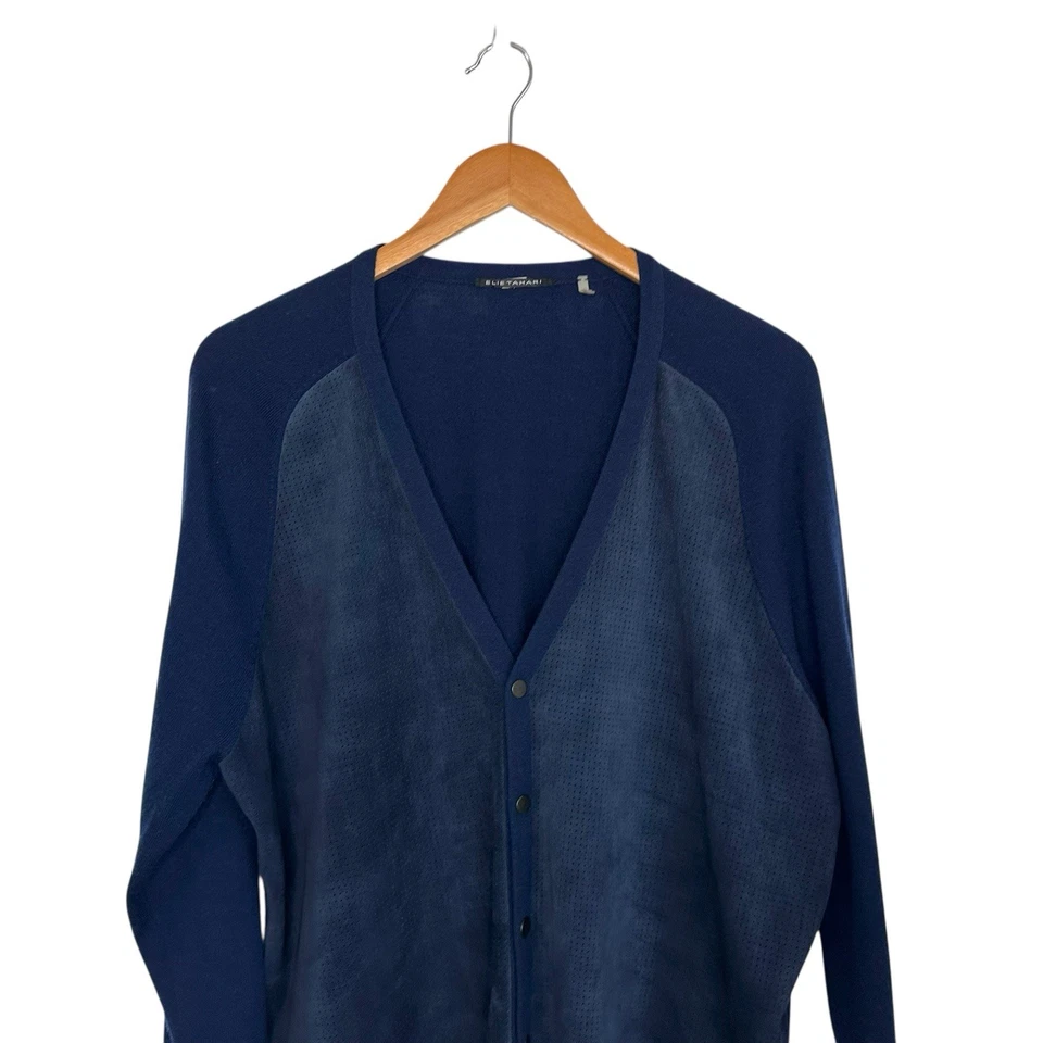 Cárdigan Elie Tahari Mujer Lana Merino Gamuza Cuero Talla Grande Azul Abotonado Foto 3 de 4